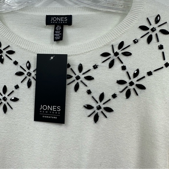 Jones New York Long Sleeve Round Neck HolidayWhite Sweater, Black Rhinestones, S - Picture 6 of 10